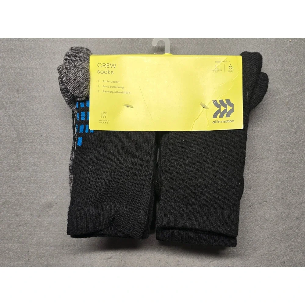 All in Motion 6 Pack Crew Socks Black Multi Shoe Size 3-7 Arch Support Cushioned